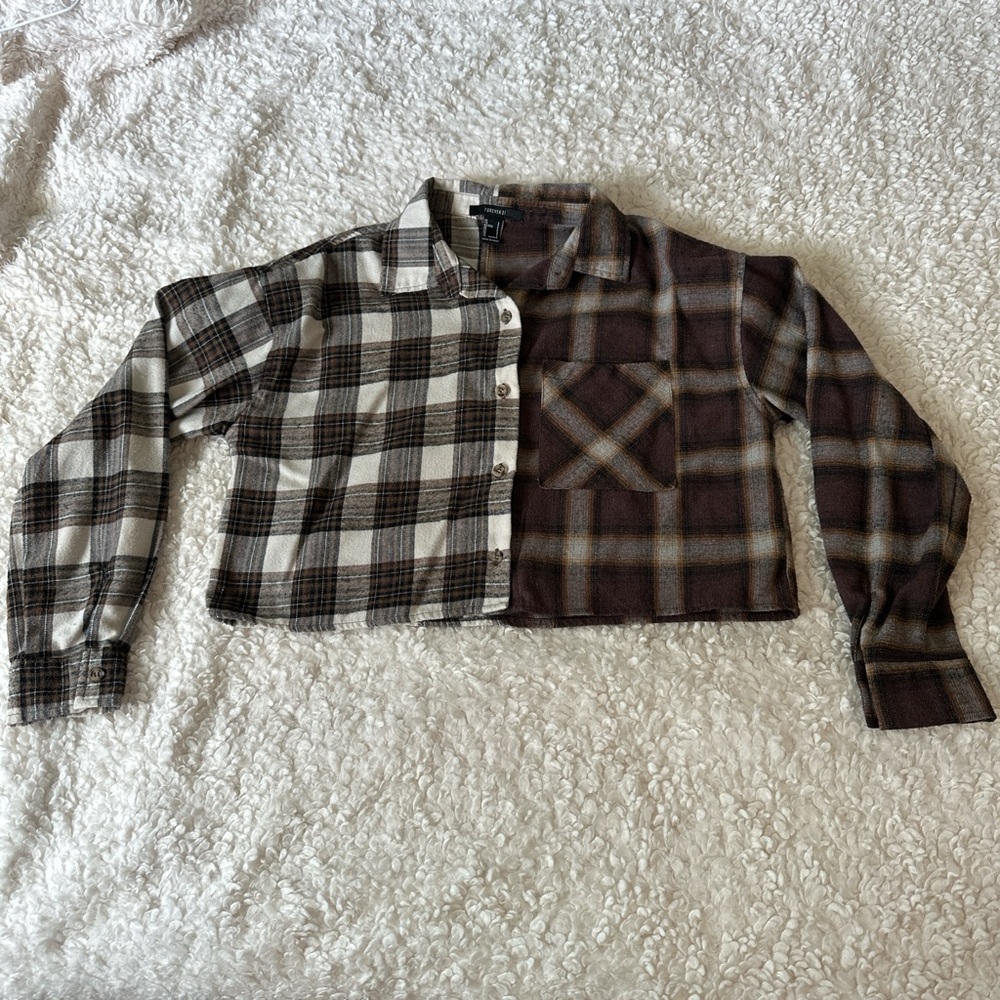 Brown and black plaid cropped button up shirt